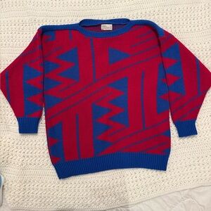 Vintage Miss Garland Geometric Red and Blue Oversized Sweater